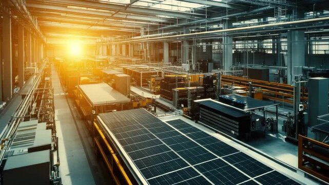 Modern Industrial Warehouse with Solar Panels and Afternoon Sunlight Streaming Through Windows