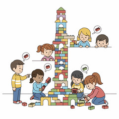 Flat Style Detailed Children Building Tower with Blocks Illustration