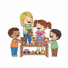 Colorful Cartoon Illustration Group of Children Playing with Toys in Kindergarten