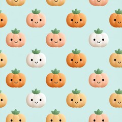 Obraz premium Cute Cartoon Pumpkins with Smiling Faces on Light Blue Background
