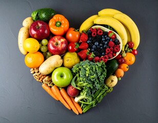 A vibrant heart-shaped arrangement of various fresh fruits and vegetables, promoting healthy eating.