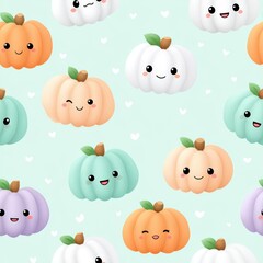 Fototapeta premium Cute Cartoon Pumpkins with Smiling Faces on Soft Colorful Background
