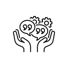 Hands holding speech bubbles with gears representing communication and collaboration