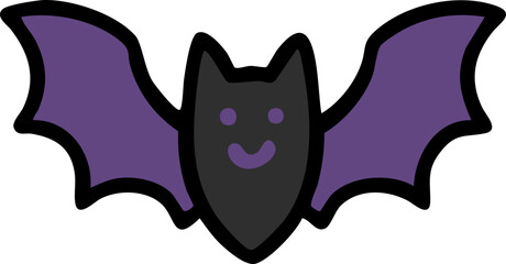 This image depicts a cute cartoon bat with a smiling face, black body, and large purple wings, giving it a friendly Halloween-themed appearance.