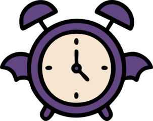 This image shows a cartoon-style purple alarm clock with bat wings on each side, giving it a spooky Halloween-themed design.