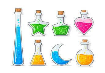 A colorful flat design potion bottles icon set, perfect for Halloween, witchcraft, and mystical graphics, Ai Generate.