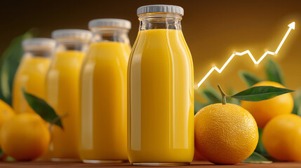 Orange Juice Growth Trend: A composition of orange juice bottles and fresh oranges creates a vibrant tableau, accompanied by a rising graph symbolizing growth and market success.
