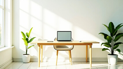 Bright home office setup with laptop and plants
