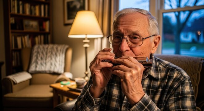 An elderly man playing a harmonica in a cozy living room.