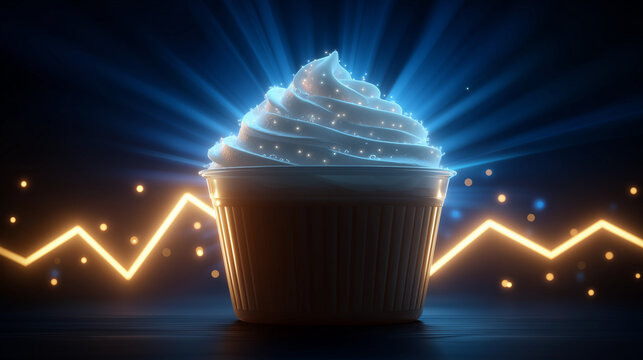 Cupcake Delight: A beautifully rendered, radiant cupcake sits, adorned with fluffy frosting and a captivating light display, evoking a sense of joy and indulgence.