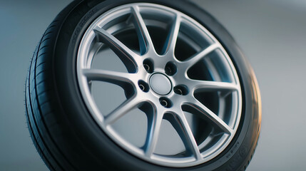 Automotive wheel close-up: A highly detailed close-up shot, showcasing a shiny, alloy automotive wheel, highlighting its intricate design and texture with a sleek, modern aesthetic.