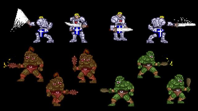 Animation of an old 32-bit game with different poses of a medieval soldier with his sword and ogre monsters on a black background, pixel art, 2D.