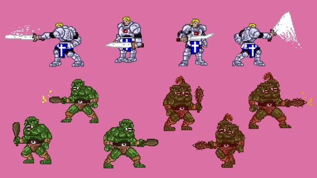 Animation of an old 32-bit game with different poses of a medieval soldier with his sword and ogre monsters on a red background, pixel art, 2D.