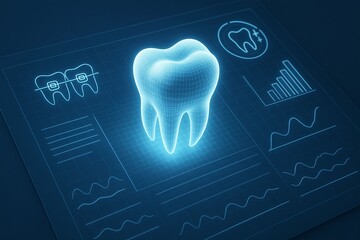 3D illustration of a glowing tooth with dental charts and graphs in the background, representing modern dentistry, oral health, and advanced technology in dental care