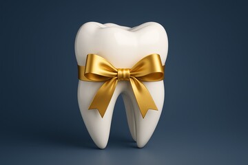 3D illustration of a tooth adorned with a golden ribbon, symbolizing dental health and care, set against a dark blue background for a festive and cheerful atmosphere