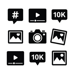 Collection of social media icons including video photos hashtags and follower counts