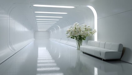 Fototapeta premium Futuristic white hallway with a bouquet