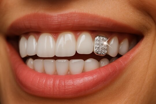Close-up of a smiling woman showcasing bright white teeth adorned with a sparkling diamond grill, highlighting modern dental fashion and personal expression in a vibrant atmosphere