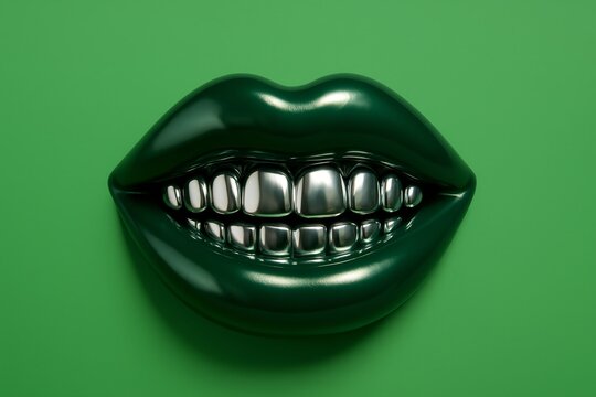 Glossy green lips with metallic silver teeth are displayed against a vibrant green background, showcasing a unique blend of color and texture in a striking visual concept