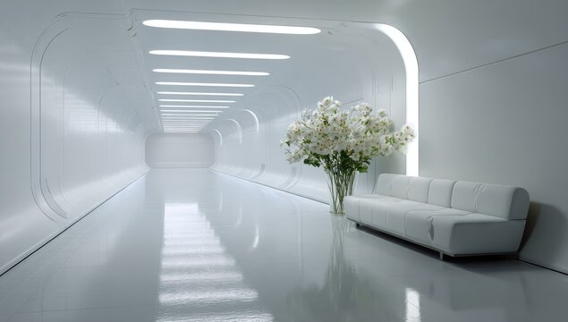 Futuristic white hallway with a bouquet - Powered by Adobe