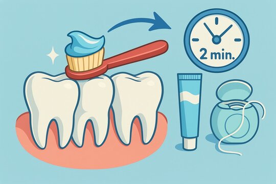 Colorful dental illustration showing toothbrush applying toothpaste on teeth, timer indicating two minutes, and dental floss, promoting oral hygiene and healthy habits for effective teeth cleaning