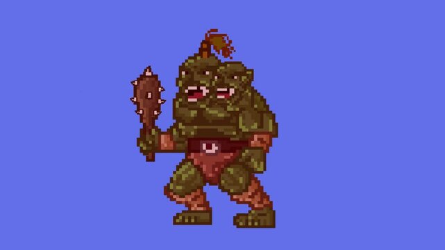 Animation of an old 32-bit game of an ogre with his club on a blue background, art, 2D.