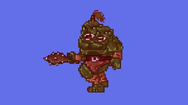 Animation of an old 32-bit game of an ogre with his club on a blue background, pixel, 2D.