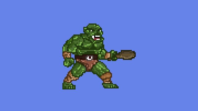 Animation of an old 32-bit game of an ogre with his club on a blue background, pixel, art.