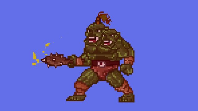 Animation of an old 32-bit game of an ogre with his club on a blue background, pixel.