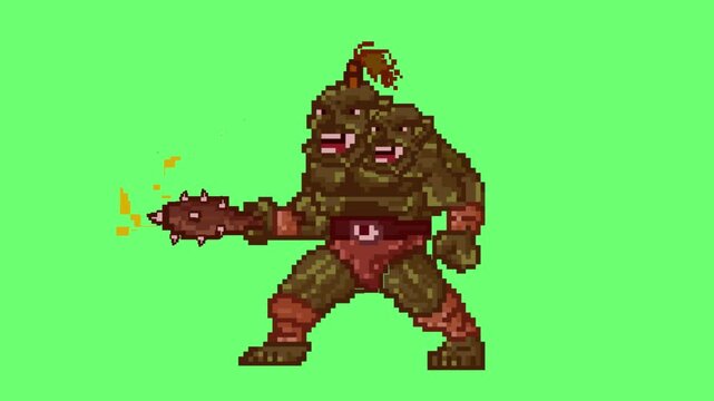 Animation of an old 32-bit game of an ogre with his club on a green background, art, 2D.