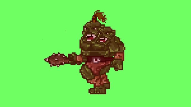 Animation of an old 32-bit game of an ogre with his club on a green background, pixel, 2D.