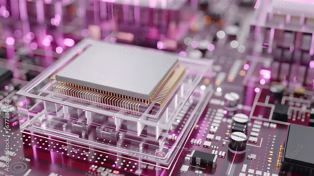 Poster futuristic macro shot of a microchip mount highlighting advanced technology in a static composition
