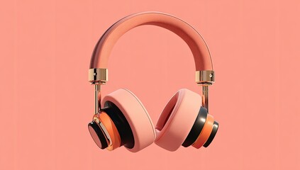 Coral-pink over-ear headphones with gold accents and layered, multi-colored earcups, set against a pale coral background