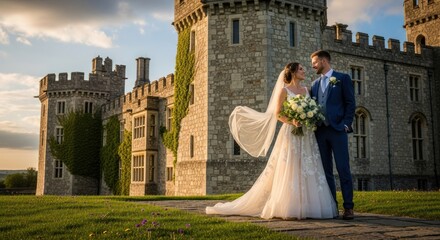 Obraz premium A bride and groom standing in front of a castle with a bride wearing a white dress and groom wearing a blue suit.