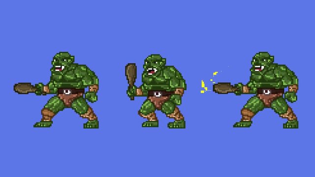 Animation of an old 32-bit game of three ogres with their clubs on a blue background, pixel art, 2D.