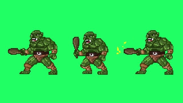 Animation of an old 32-bit game of three ogres with their clubs on a green background, pixel art, 2D.