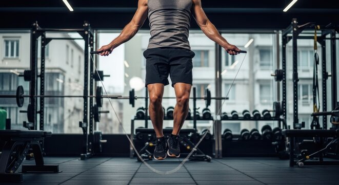 A man jumping rope in a gym.