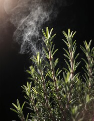 A sprig of rosemary with steam rising from it against a dark background