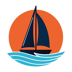 Dark blue sailboat on orange circle with blue waves water ocean