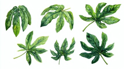 A collection of various green leaves illustrated in watercolor style, showcasing different shapes and textures, ideal for botanical themes