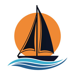 Dark blue sailboat silhouette on orange circle with blue waves sailing water