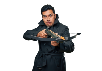 Intense Man with Crossbow Isolated on White Background, Ready to Shoot