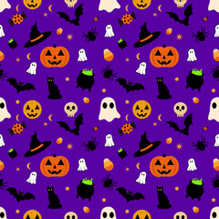 Halloween seamless pattern and background with spooky pumpkin, ghost, black cat Vector