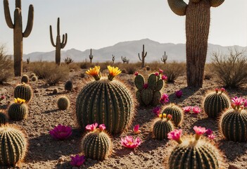 A vibrant desert landscape featuring tall saguaro cacti and colorful flowers, with distant mountains providing a stunning backdrop