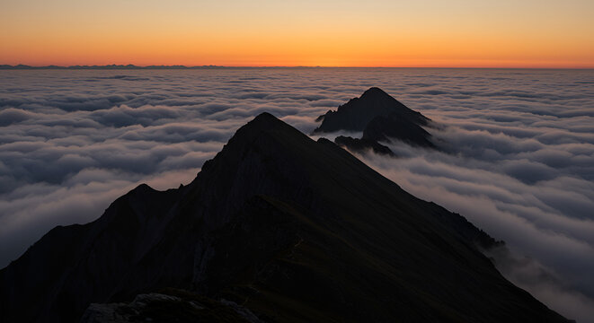 A majestic mountain peak rising above a sea of clouds bathed in the golden glow of sunrise with a