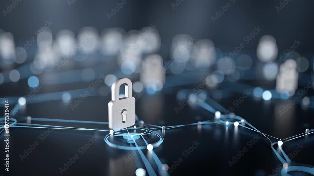 Poster sleek white padlock surrounded by a network of digital connections in a static close-up shot