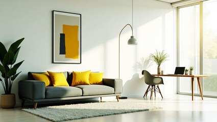Modern living room with a gray sofa and yellow accent pillows bathed in sunlight