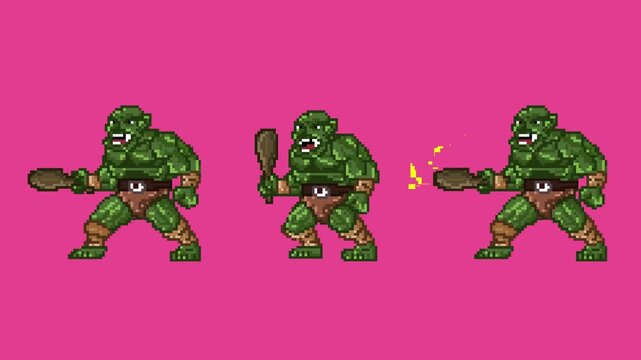 Animation of an old 32-bit game of three ogres with their clubs on a red background, pixel art, 2D.