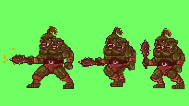 Animation of an old 32-bit game of three ogres with their clubs on a green background, pixel art.