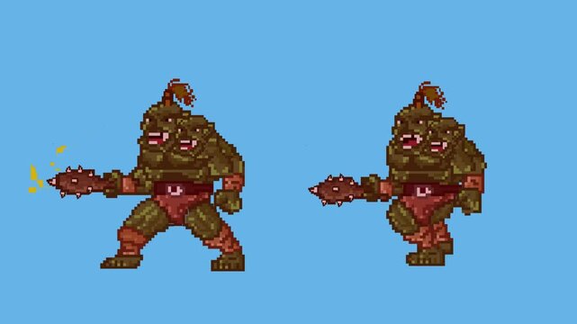 Animation of an old 32-bit game of two ogres with their clubs on a blue background, pixel art, 2D.